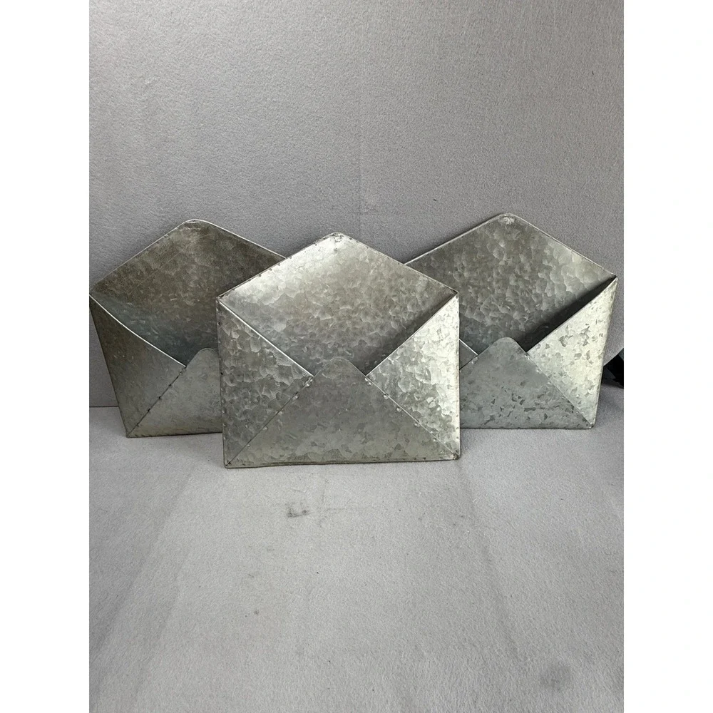 Set of 3 Galvanized Metal Envelope Wall Pockets Rustic Industrial Mail Sorters